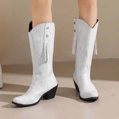 Plus Size Printed PU Rivet Tassel Small Square Toe Tapered Thick Heel Western Boots Warm Lining Slip-On Women's Knee High Boots