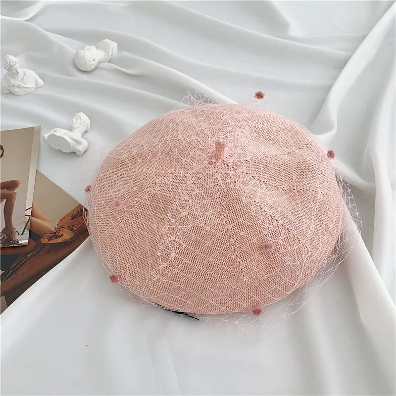 Beret hat women pearl net yarn painter hat