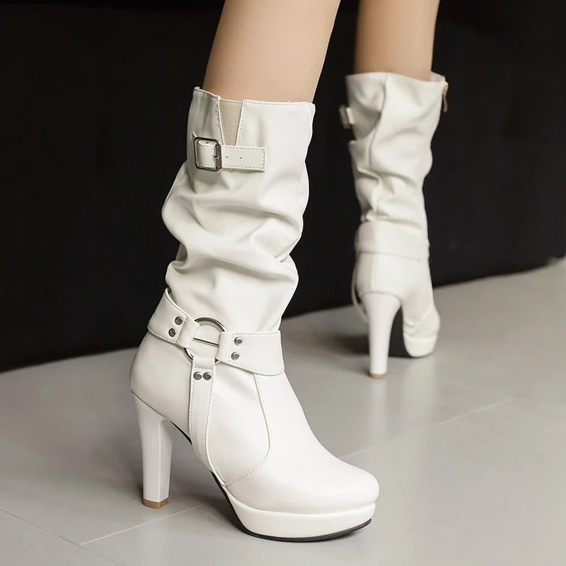 Round Metal Buckle Rivet Belt Buckle Side Zipper Breathable Knee High Boots Platform Ultra-High Thick Heel Women's Boots