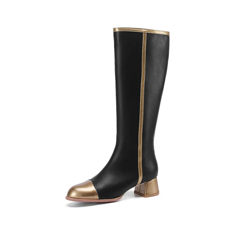 2024 Plus Size Gold Toe Cap National Style Color Blocking Knee High Boots Round Toe Thick Heel Zipper Plush Lining Women's Boots