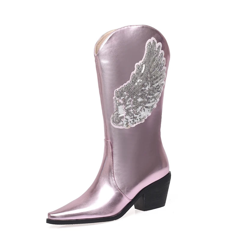 Plus Size Wing Pattern Sequin Cloth Decal Women's Mid Length Boots With Pointed Tapered Thick Heels Slip-On Metallic Boots