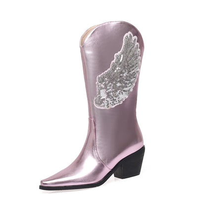 Plus Size Wing Pattern Sequin Cloth Decal Women's Mid Length Boots With Pointed Tapered Thick Heels Slip-On Metallic Boots