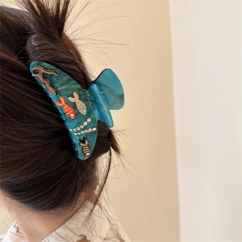 Hair Claws for Girls and Women Blue Hair Crabs With Fish Rhinestones Hair Accessories Headwear Summer