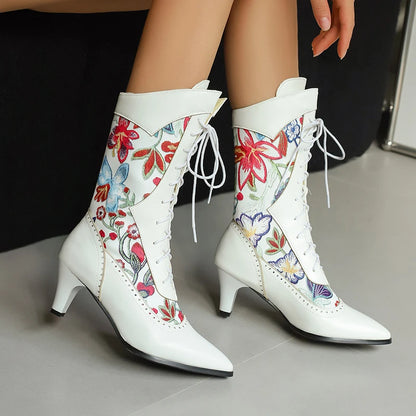 Plus Size Pointed Kitten Heel Printed Women's Mid-Calf Boots Embroidered With Flower Ties Short Plush Lining Ethnic Style Boots