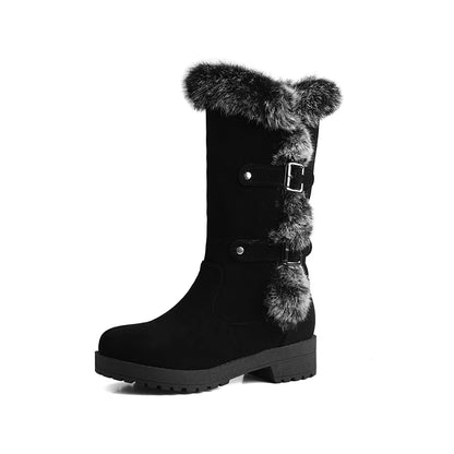 Matte Velvet Patchwork Fur Thick Plush Lining For Winter Boots Thick Sole Round Heel Double Row Metal Belt Buckle Mid-Calf Boots