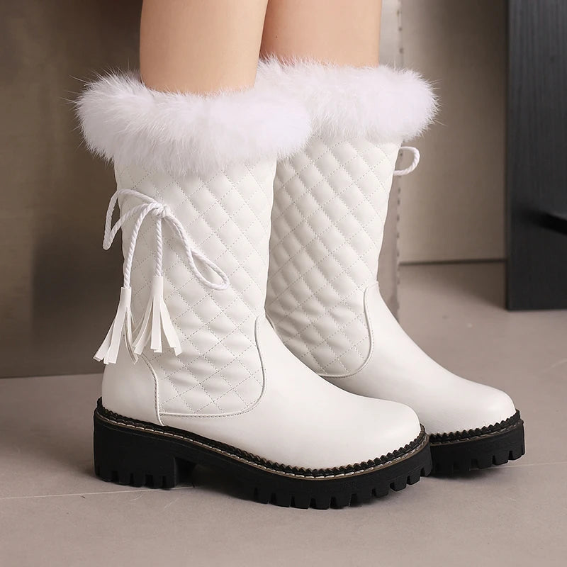 Tassel Lace Up Decal Checkerboard PU Splicing Fur Slip On Women's Mid Calf Boots Thick Sole Thick Heel Height Snow Boots