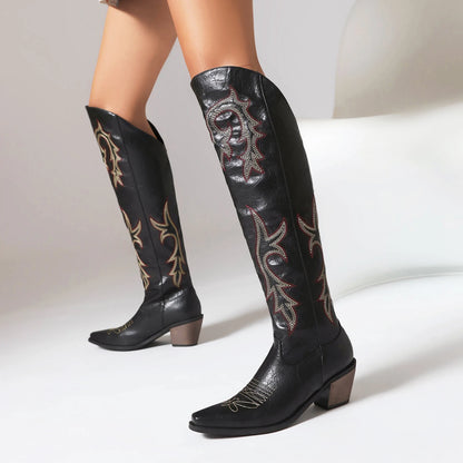 Plus Size Embroidered Punk Style Women's Knight Boots With Pointed Wood Grain Thick Heels Embroidered Fashion Knee Length Boots