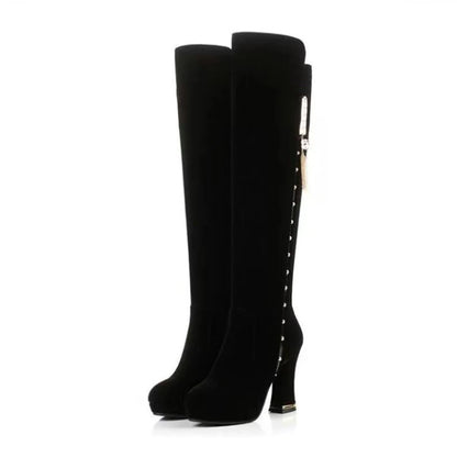 2024 Matte Flock Metal Rivet Diamond Chain Decoration Women's Knee Boots Ultra High Thick Heels Warm Inner Lining Elastic Boots