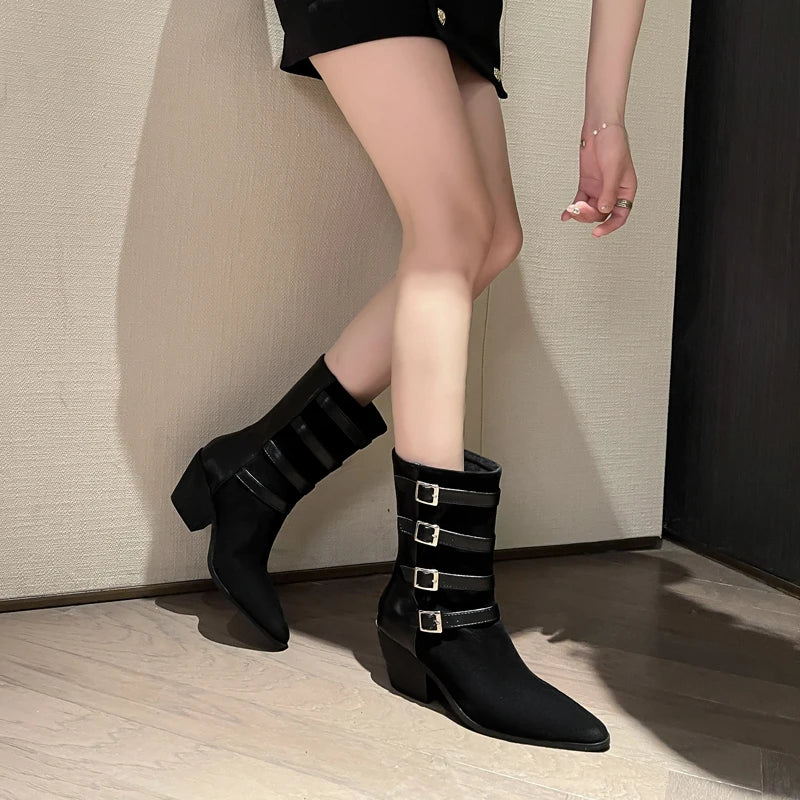 Plus Size Matte Suede Upper Pointed Cone Shaped Thick Heel Plush Inner Lining Four Rows Of Belt Buckles Retro Mid-Calf Boots