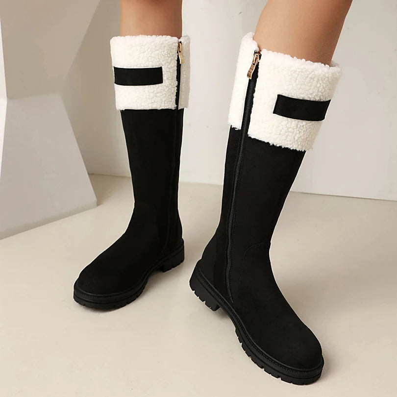 Plus Size Lamb Wool Splicing Frosted Velvet Upper Sponge Anti Slip Thick Sole Snow Boots Side Zipper Plush Lining Knee High Boot