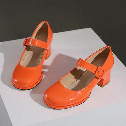 Patent PU Leather Orange Red Closed Toe Women Pumps Big Size 47 48 Mature Lady Office Shoes Buckle Strap Mary Janes Chunky Heels