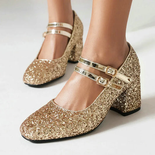 Sequin Gold Silver Glitter Women Square Chunky High Heeled Shoes Bling Party Wedding Woman Pumps Big Size 33-48 Mary Janes Heels