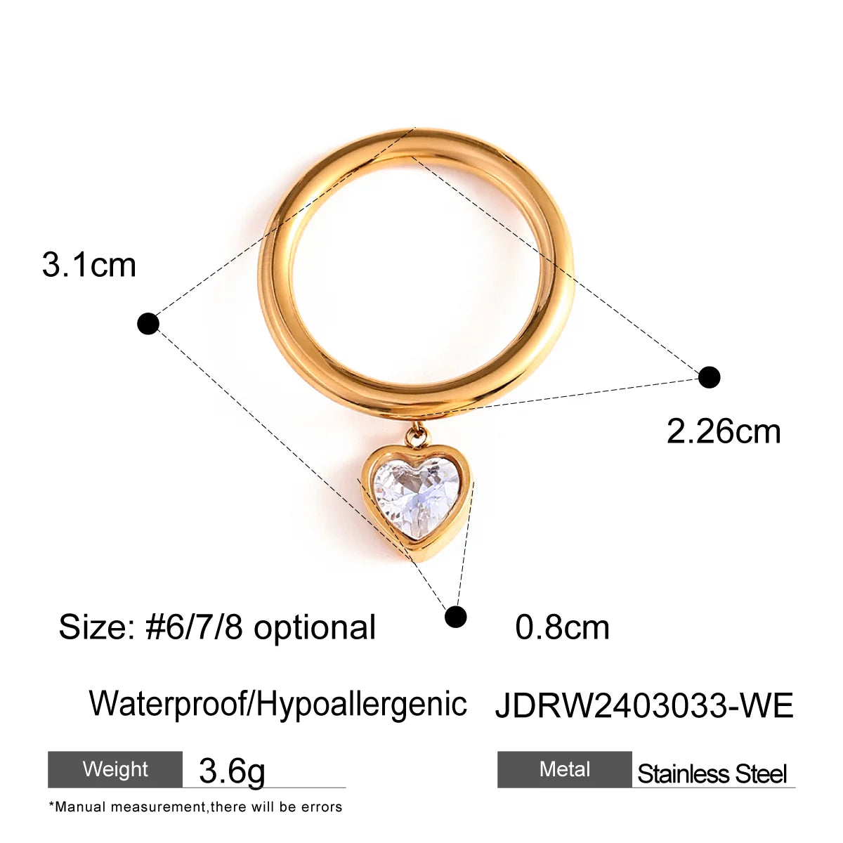 Youthway Glossy Shine Stainless Steel Heart Shaped Cubic Zirconia Pendent Ring Waterproof 18K Gold-plated Jewelry Gift