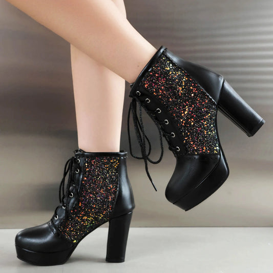 Glitter Sequin Fabric Patchwork PU Women's Novelty Boots Shiny Metal Color Fashion Runway High Heeled Short Boots 2023 New