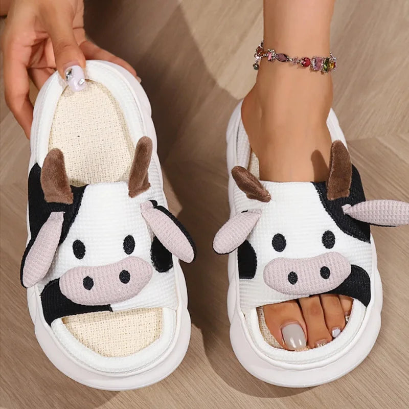 Evshine Women's Cute Milk Cow Furry Slippers Winter Warm Plush Lined Non-slip House Slipper Female Fur Fluffy Casual Flat Slides