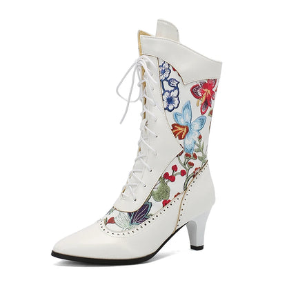 Plus Size Pointed Kitten Heel Printed Women's Mid-Calf Boots Embroidered With Flower Ties Short Plush Lining Ethnic Style Boots