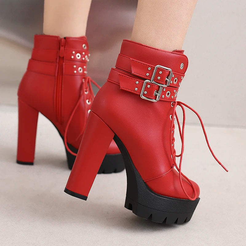 Double Row Metal Belt Buckle With Tie Up Super High Thick Heels Short Boots Platform Side Zipper Plush Inner Lining Ankle Boots