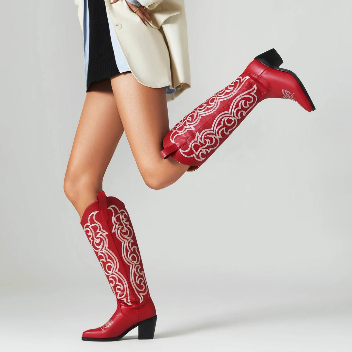 2024 Embroidered Stripe Pointed Thick Heel Breathable Inner Western Boot Upper Embroidered Slip-On Autumn Knee Length Boots