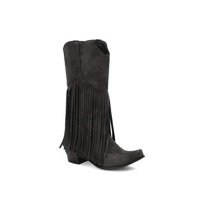 Plus Size Flock Velvet Material Wood Grain Coarse Heel Fringe Fine Strip Slip On Women's Mid-Calf Boots Plush Lining Knight Boot