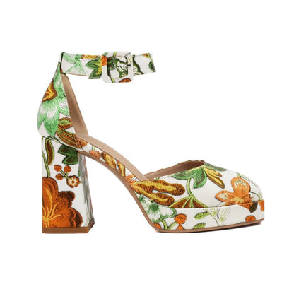 Colorful Flower Print Closed Toe Platform Women Summer Dress Pumps Two Pieces Ankle Wrap Block High Heels Sexy Woman Sandals