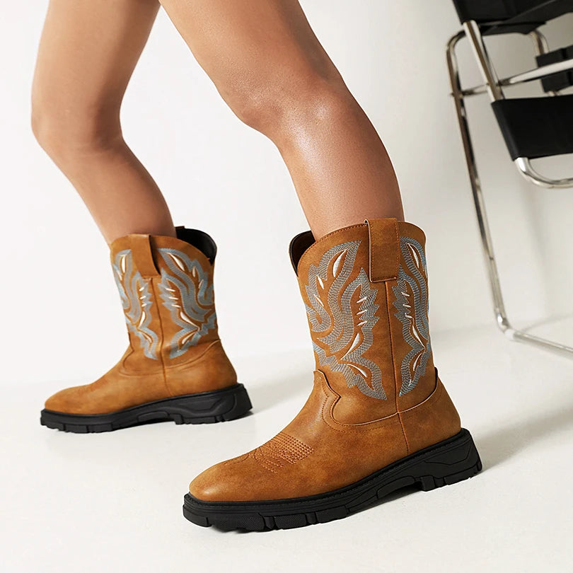 Plus Size Square Stitch Embroidered Women's Western Boots With Thick Soled Sponge Cake And Embroidered Mid Calf Boots