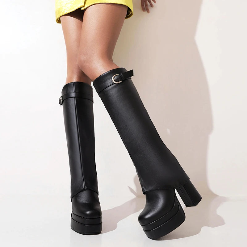 2024 Plus Size Turned-Over Edge Women's Knee-High Boots Warm Plush Inner Super Thick Heel Three-Layer Platform Buckle Shoes