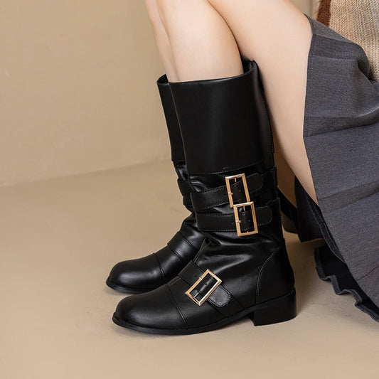 Plus Size Ankle Double Row Metal Belt Buckle Instep Buckle Back Zipper Mid-Calf Boots Autumn Thick Heel Breathable Knight Boots