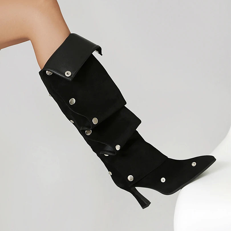 Plus Size Pleated Wave Frosted Leather Material Rivet Fashion Knee High Boots Pointed Ultra Hollow Shaped Heels Sexy Boots