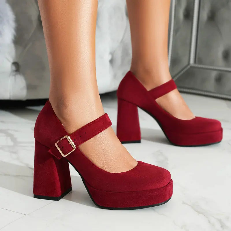 Flock Blue Burgundy Nude Color Closed Toe Woman Spring Shoes Fashion Block High Heels Buckle Belt Chunky Heeled Mary Janes Pumps