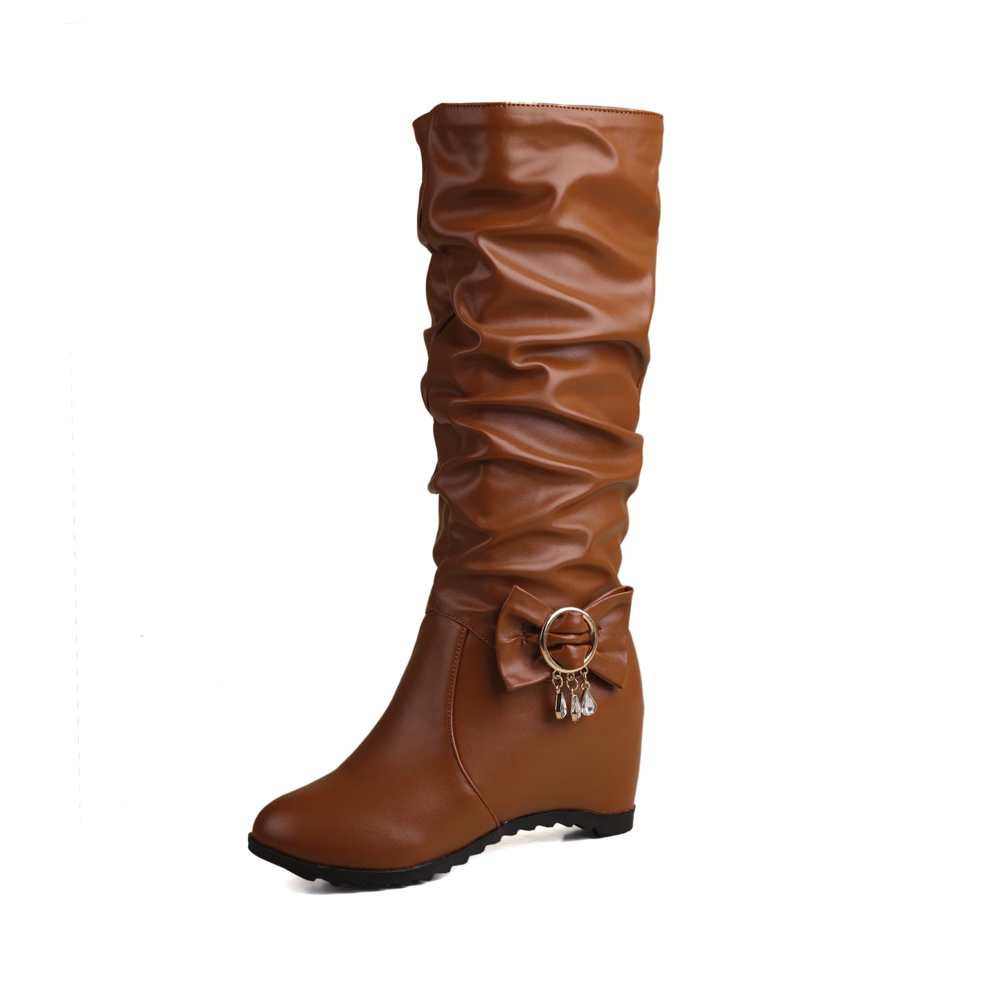 Round Toe Slope With Plush Lining Winter Snow Boots With Metal Buckle Pearl Bow Slip-On Height Increasing Knee High Boots