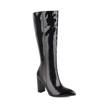 Plus Size Mesh Stone Grain Pointed Toe Chunky Heel Women's Boots Striped Winter Warm Plush Lining Knee High Fashion Boots