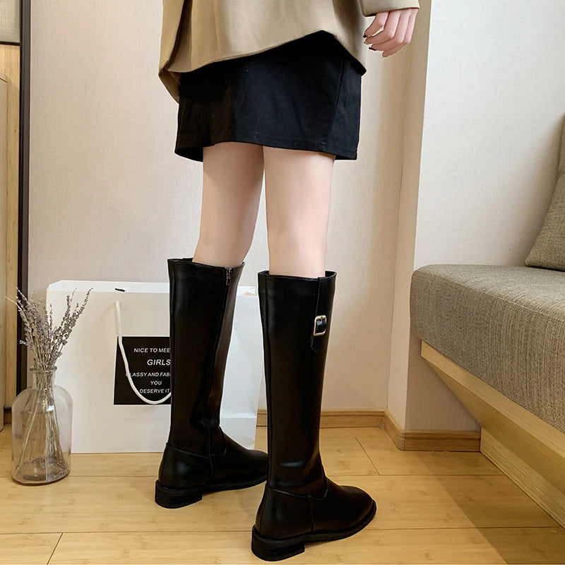 Lycra Spring And Summer New Long-Tube Women's Boots Belt Buckle Decorative Side Zipper Low-Heeled Cheap Knee-High Boots