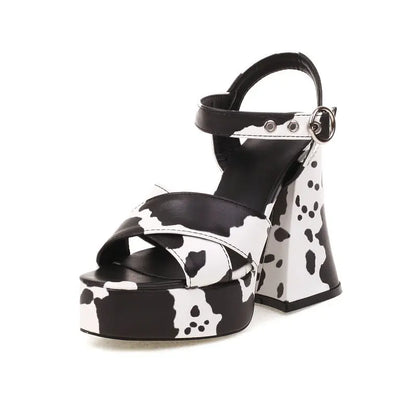 Stylish Goth Girls Summer Shoes Zebra Cow Skin Print Open Toe Buckle Strap Platform Woman's Shoes Chunky Heels Sandals Women