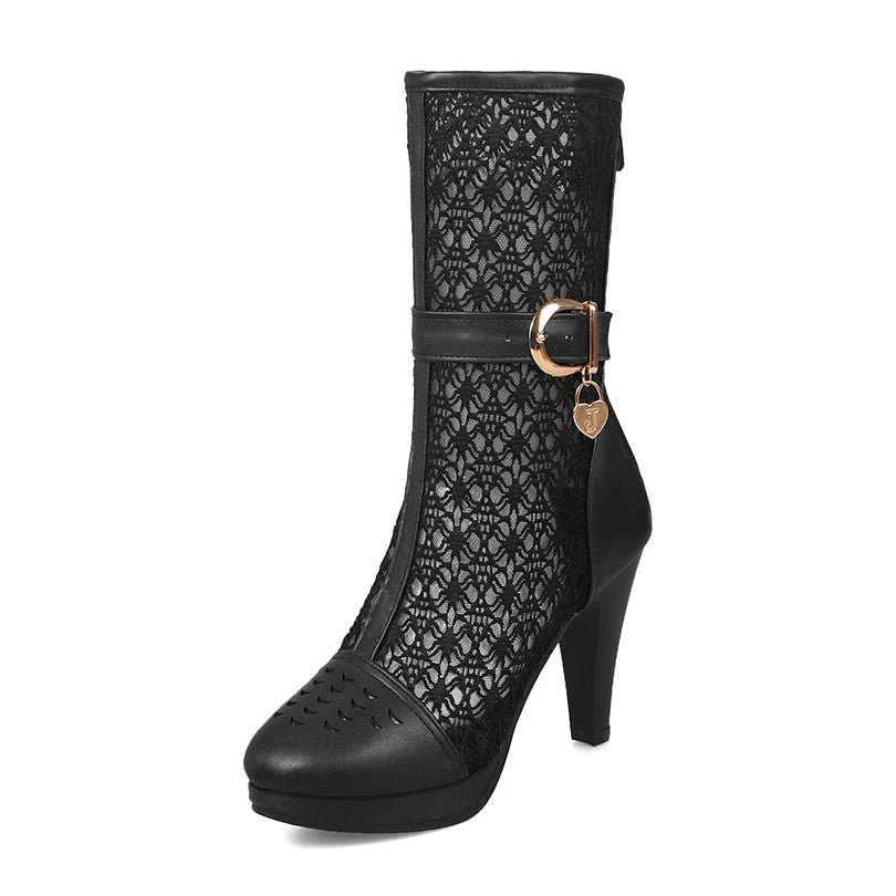 Plus Size Lace Mesh Patchwork PU Hollow Breathable Sexy Women's Mid-Calf Boots With Metal Buckle Back Zipper Summer Boots