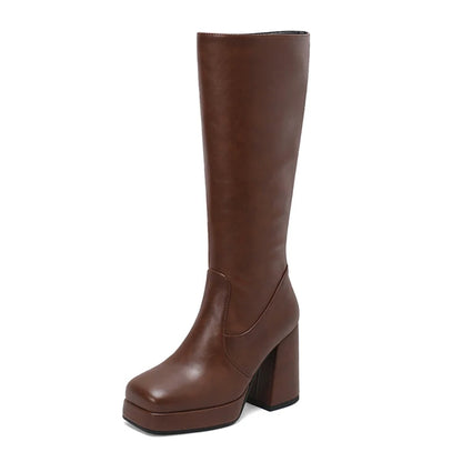 Square Toe Platform Ultra-High Thick Heel Soft PU Side Zipper Women's Knee High Boots With Plush Lining Autumn New Knight Boots