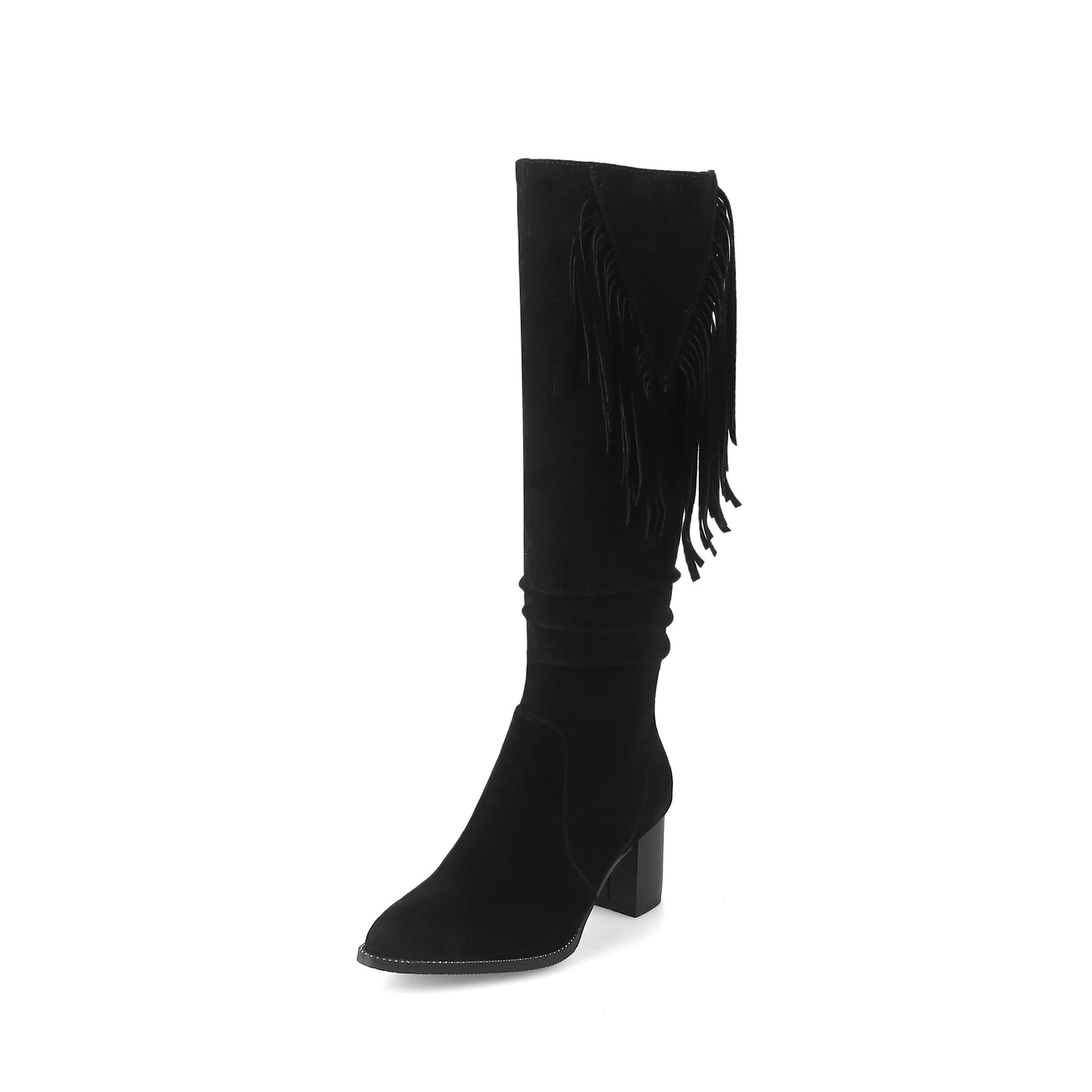 Plus Size Frosted Plush Material Ethnic Style Tassel Ribbon Western Boot Tip Thick Heel Plush Inner Zipper Knee High Boots