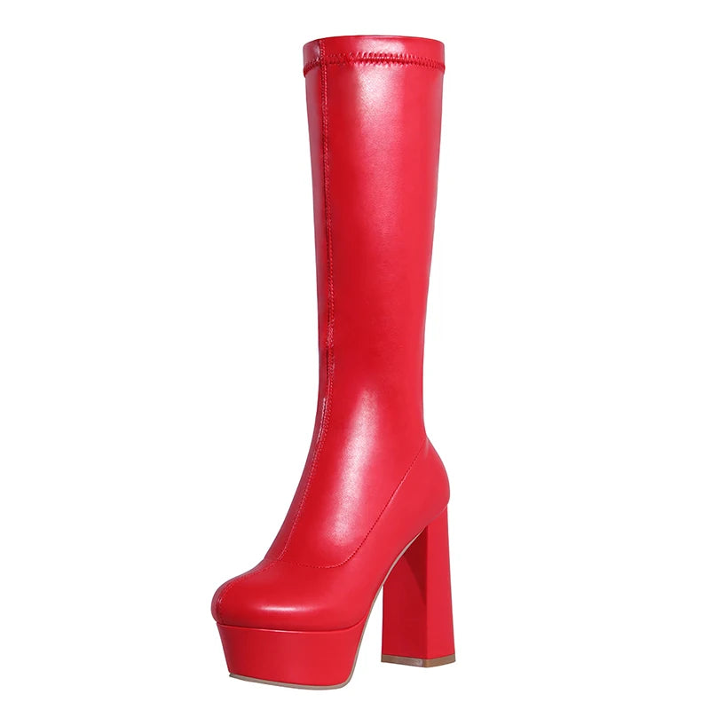 2024 Super High Thick Heel Round Toe Platform Tight Display Leg Thin Elastic Boots Slip On Plush Inner Women's Knee Boots