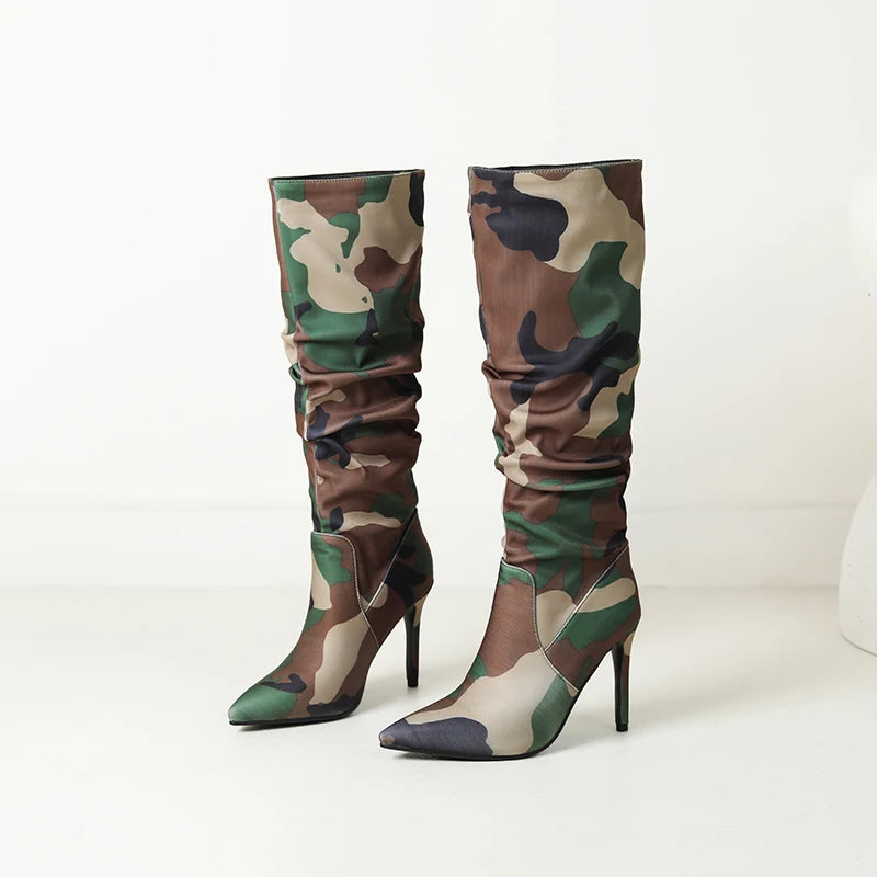 Camouflage Pointed Ultra-High Slim Heels For Women's Fashion Boots Mixed Colors For Women's Knee Length Boots