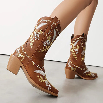 Plus Size Metal Leather Microfiber Upper Embroidered Thick Heel Fashionable New Mid-Calf Boots Breathable Western Boots