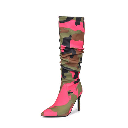 Camouflage Pointed Ultra-High Slim Heels For Women's Fashion Boots Mixed Colors For Women's Knee Length Boots