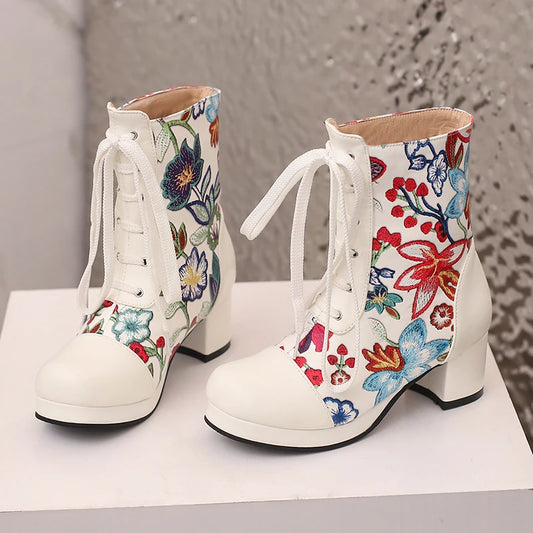 Embroidered Flower Lace Up Women's Short Boots With Round Toe Waterproof Platform Print, Simple Casual Boots With Medium Heels