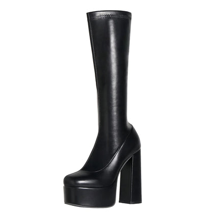 High Waterproof Platform Ultra-High Thick Heel Elastic PU Fit For Women's Fashion Knee Length Boots Sexy Slip-On Elastic Boots