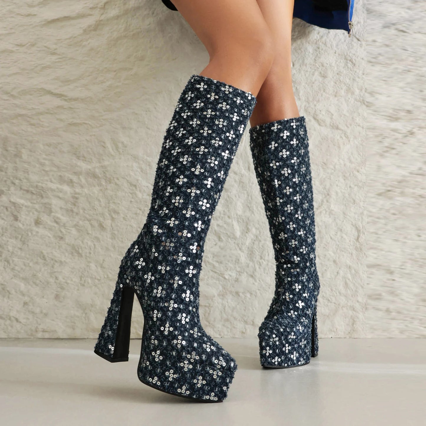 Pointed Ultra-High Contoured Hollowed Out Heel And Gretel Sequin Novel Knee Boots With Breathable Lining Denim Sequin Boots