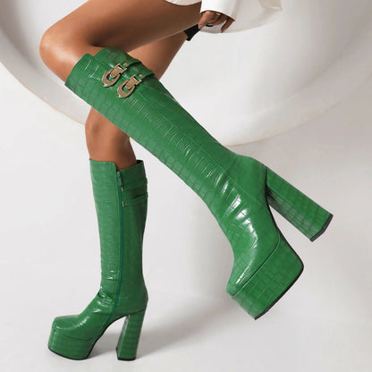 Metal Decorative Buckle High Platform Punk Style Women's Knee Boots Striped Square Toe Super High Thick Heel Side Zippered Boots