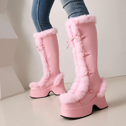 High Platform Fur Splicing Microfiber Cross Tie Thick Plush Lining Warmth Snow Boots Back Zipper Height Increasing Knee Boots