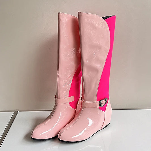 Plus Size Glossy Patent Leather Round Toe Sloping Heel Slip-On Women's Knee High Boots Ankle Metal Belt Buckle Fashion Boots