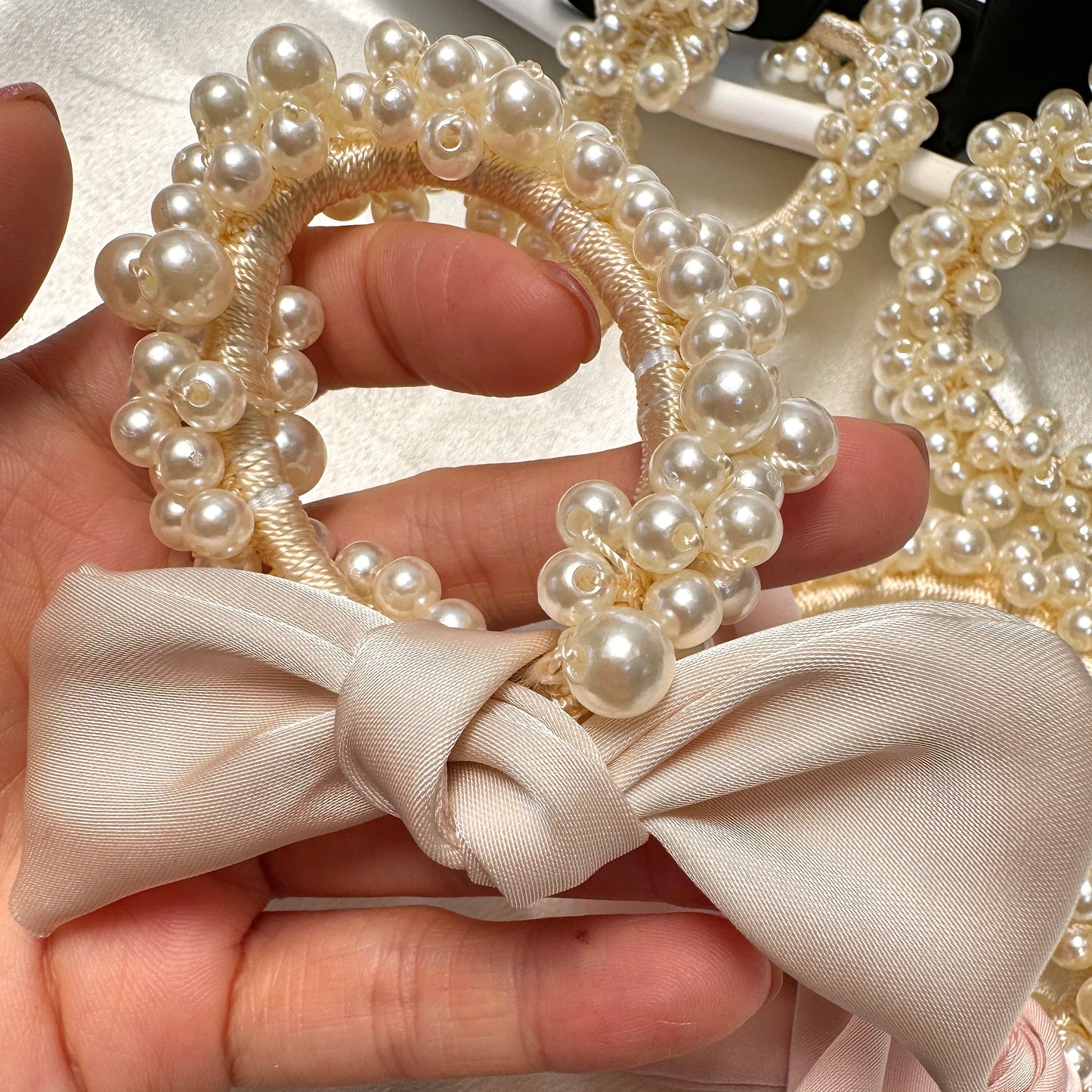 Small Hair Ties: Handmade with unique and attractive faux pearl embellishments.