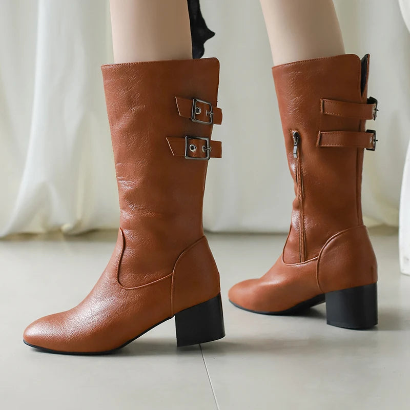 Plus Size Double Row Metal Belt Buckle Side Zipper Western Boots Round Toe Thick Heel Breathable Autumn New Mid-Calf Boots