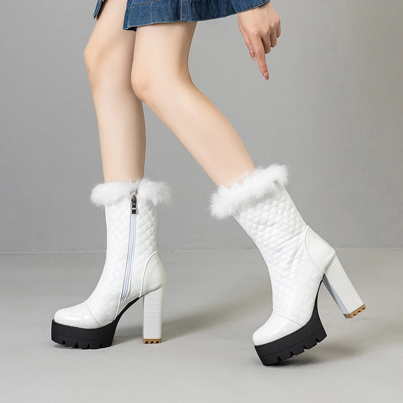 Plus Size Diamond Grid Pattern PU Splicing Fur Winter High Boots Platform Super High Thick Heel Side Zipper Mid-Calf Boots