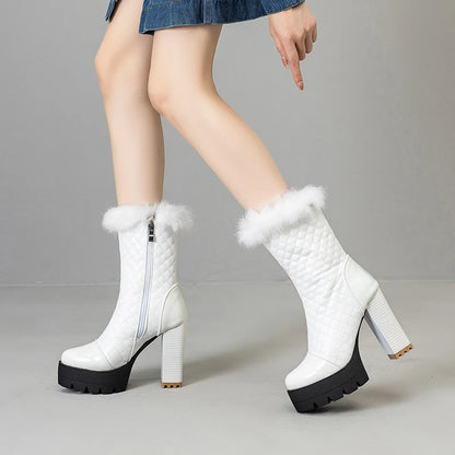 Plus Size Diamond Grid Pattern PU Splicing Fur Winter High Boots Platform Super High Thick Heel Side Zipper Mid-Calf Boots